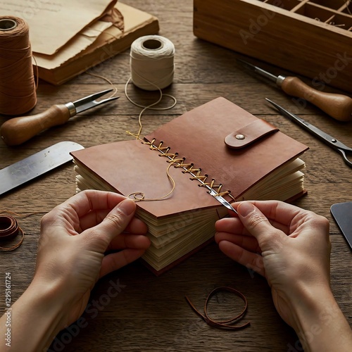 a bookbinder stitching pages into a leather journal, with waxed thread, a bone folder, and vintage paper
