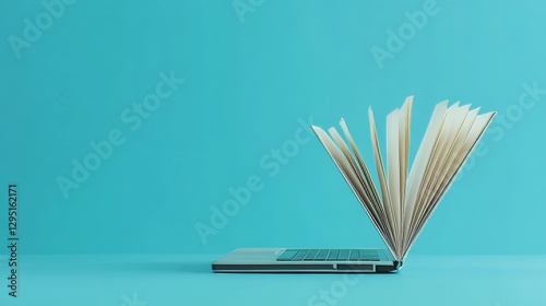 A book turning into an open laptop computer. A book with open pages