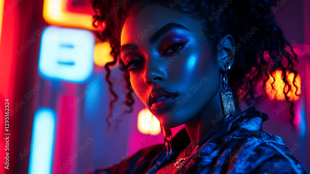 Fototapeta premium Stylish woman portrait neon lights red blue dramatic makeup fashion girl pose dark style model night