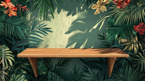 Tropical Background with Wooden Table and Lush Greenery Display