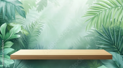 Wooden Shelf Surrounded by Lush Green Tropical Foliage Background