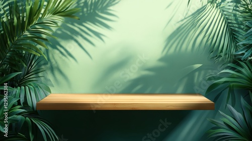 Green Background with Wooden Shelf Surrounded by Tropical Leaves