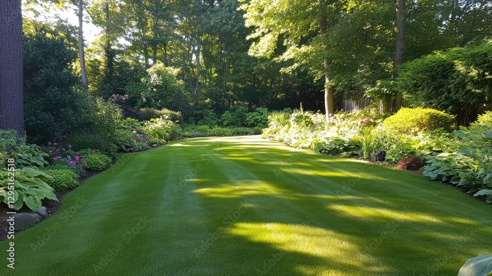 Naklejka premium A beautifully landscaped backyard with mature trees providing natural shade.
