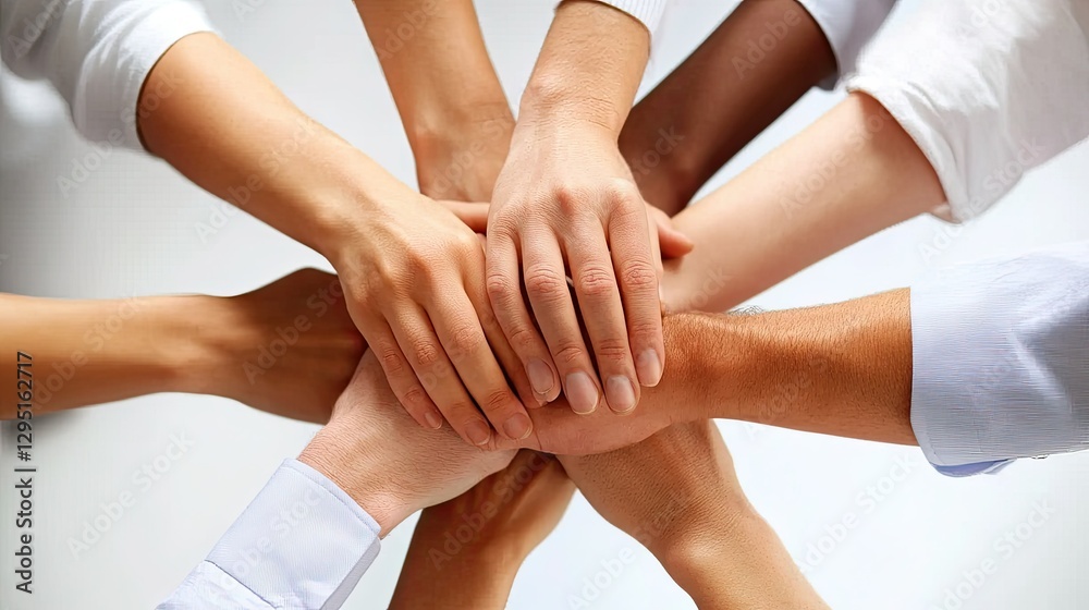 Teamwork motivation concept with a group of colleagues stacking their hands together in unity. Teamwork motivation concept with a group of colleagues stacking their hands together in unity.