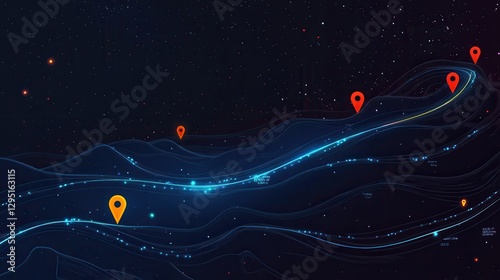 Abstract Digital Map with Bright Markers and Glowing Lines