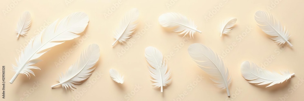Fototapeta premium Delicate white feathers scattered on beige backdrop , element, still life, elegant