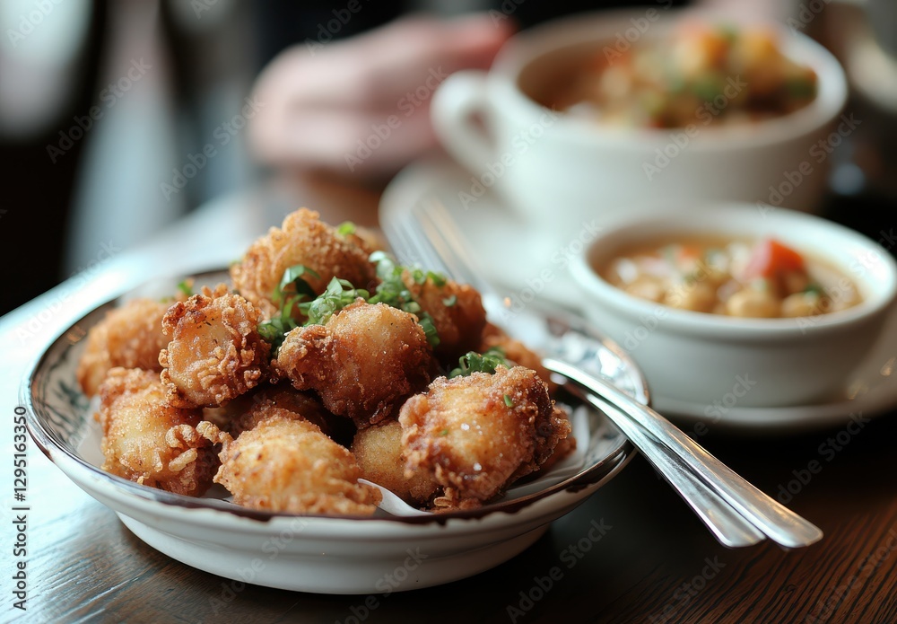 Crispy Golden Fried Snacks Served on a Plate with Fresh Herbs and a Bowl of Soup in a Restaurant Setting Crispy Golden Fried Snacks Served on a Plate with Fresh Herbs and a Bowl of Soup in a Restaurant Setting