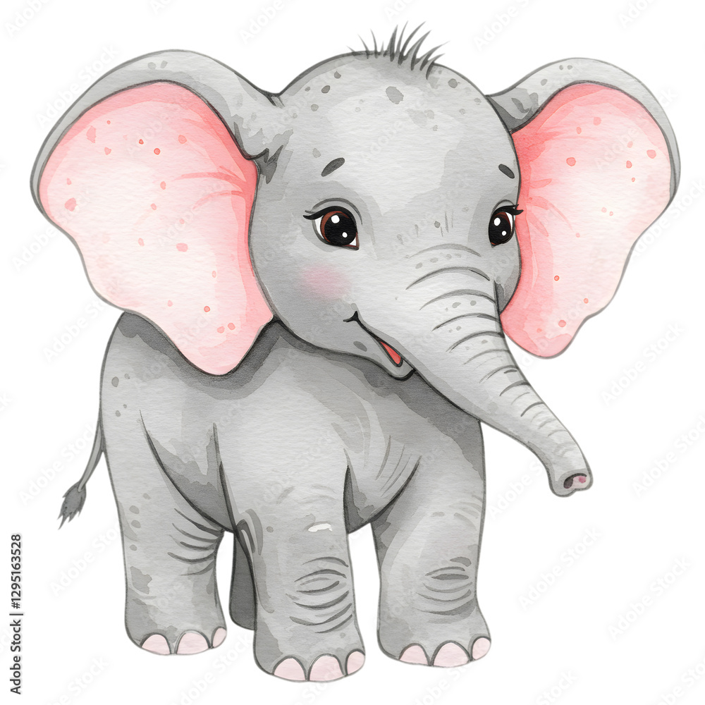 Fototapeta premium Adorable Baby Elephant Watercolor Illustration Cute Animal Design Art Pink Grey Fauna Sweet Image
