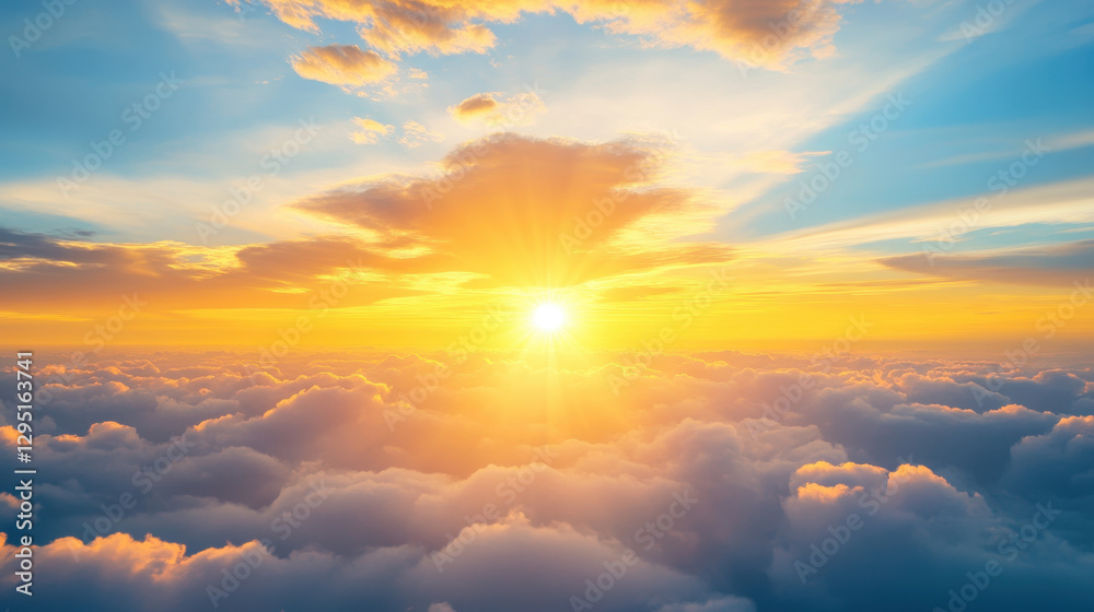 stunning sunset sky with vibrant orange clouds and blue hues, creating serene atmosphere. sun rays illuminate scene, evoking sense of peace and wonder stunning sunset sky with vibrant orange clouds and blue hues, creating serene atmosphere. sun rays illuminate scene, evoking sense of peace and wonder