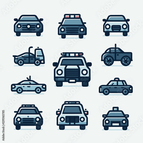 A bundle of car icons in a simple, minimalist, and modern flat design style. This set includes various car models and vehicle types, ideal for applications, websites, infographics, and creative projec
