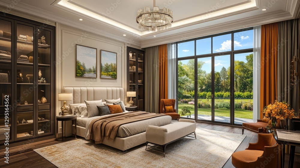 Fototapeta premium A charming and practical bedroom with warm textiles and an open-concept wardrobe.