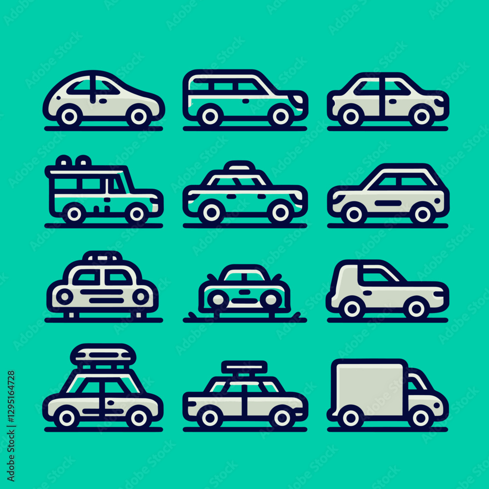 Collection of whimsical car icons in a flat design style suitable for transportation, automotive, or travel related design projects and applications