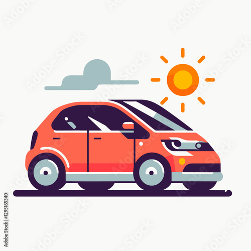 Illustration of a compact car driving on a sunny day, ideal for transportation themes, automotive design, or children's educational materials.