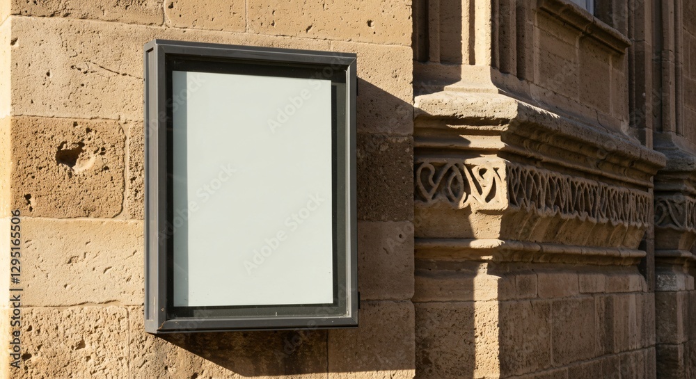 custom made wallpaper toronto digitalA blank framed sign mounted on a textured stone wall with intricate carvings, illuminated by sunlight, casting distinct shadows.