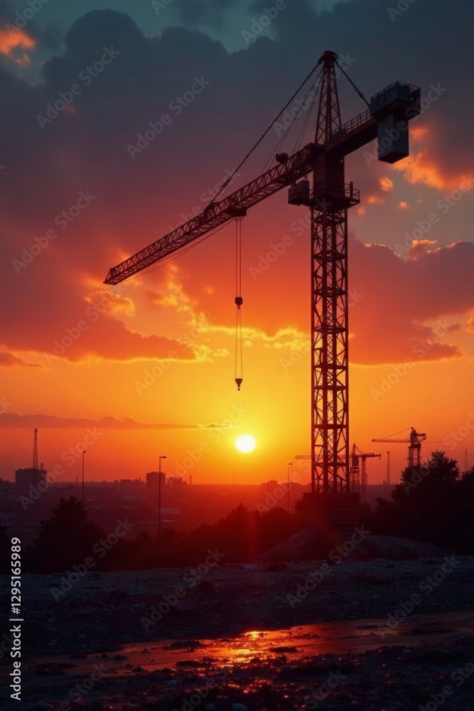 Sunset casts long shadows on a construction site, crane silhouetted against vibrant sky, urban development, shadow, landscape Sunset casts long shadows on a construction site, crane silhouetted against vibrant sky, urban development, shadow, landscape