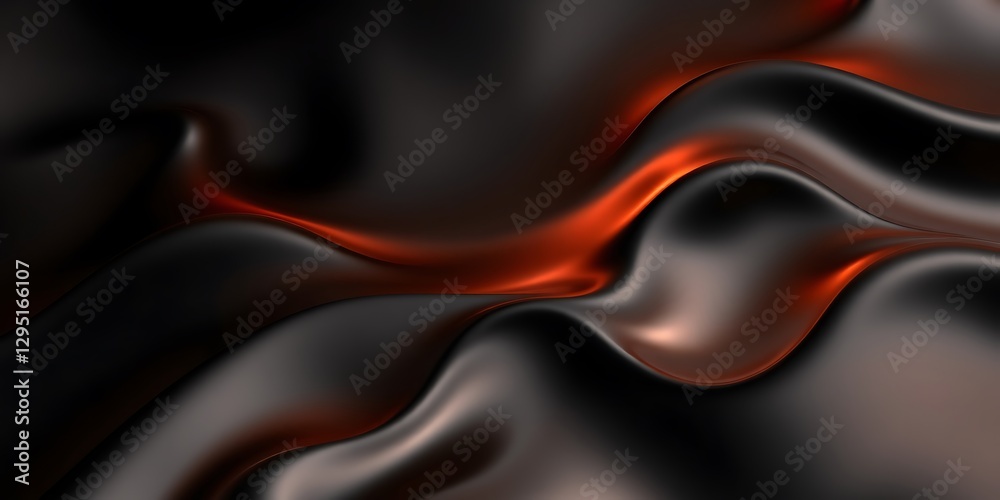 Fototapeta premium Abstract flowing waves of dark gray and deep orange on a black background.