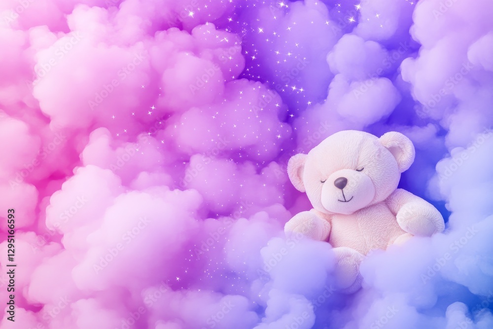 Fototapeta premium Fantasy Glowing Teddy Bear Sleeping Among Floating Stars and Dreamy Pastel Clouds
