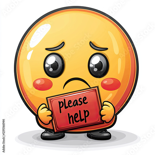 Chibi emoji with small frown holding please help sign