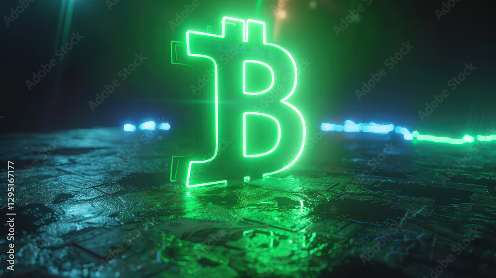 Glowing green Bitcoin symbol representing abundance and financial prosperity in a futuristic setting
