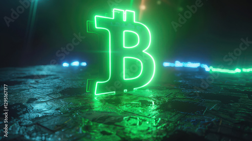 Obraz na płótnie Glowing green Bitcoin symbol representing abundance and financial prosperity in a futuristic setting w salonie