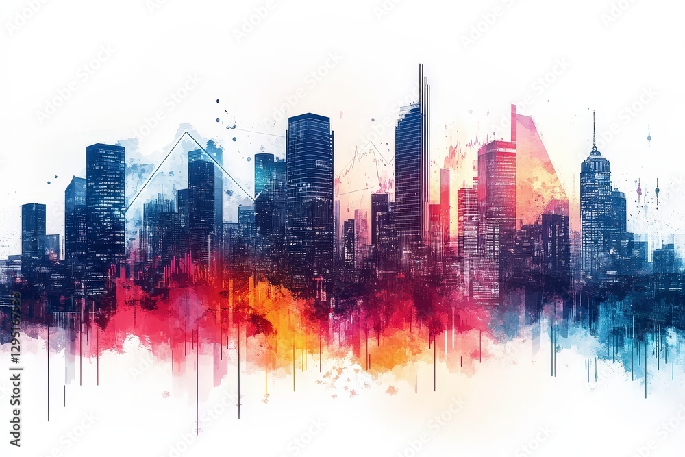 Obraz premium Abstract City Skyline with Vivid Colors and Digital Elements Illustrating Growth