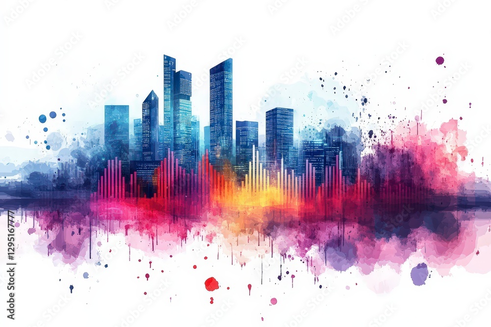 Obraz premium Vibrant Urban Skyline with Colorful Sound Waves in Abstract Artistic Style