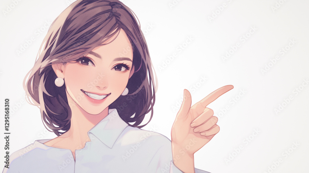 イラスト素材|ナチュラルな笑顔の女性が指をさすポーズ イラスト素材|ナチュラルな笑顔の女性が指をさすポーズ