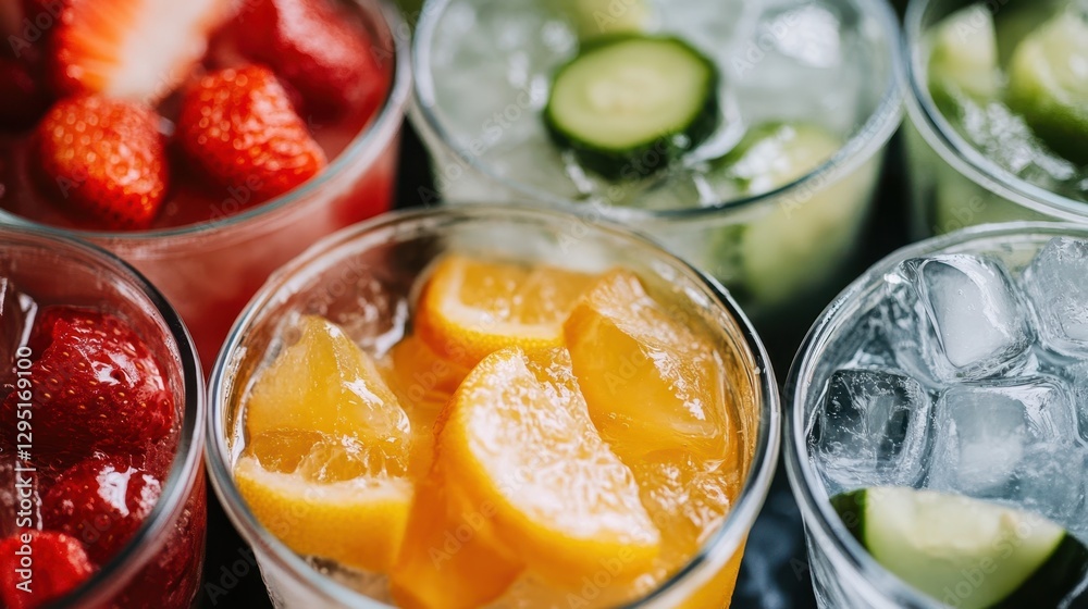 A variety of colorful drinks in cups filled with ice, showcasing refreshing options for every taste and occasion. A variety of colorful drinks in cups filled with ice, showcasing refreshing options for every taste and occasion.
