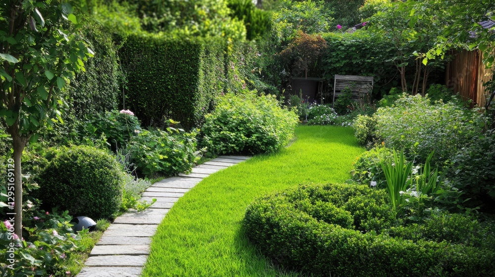 A garden lined with dense shrubs for natural noise reduction. A garden lined with dense shrubs for natural noise reduction.