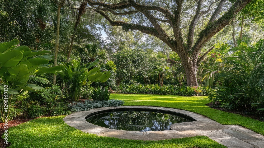 A garden pond surrounded by large trees for shade and privacy. A garden pond surrounded by large trees for shade and privacy.