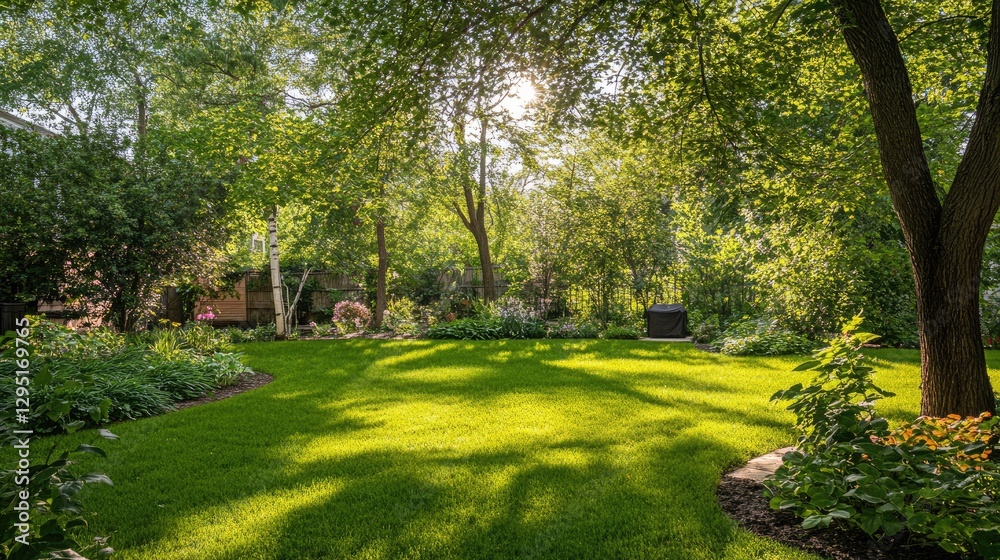 Obraz premium A lush backyard with trees reflecting sunlight through their leaves.