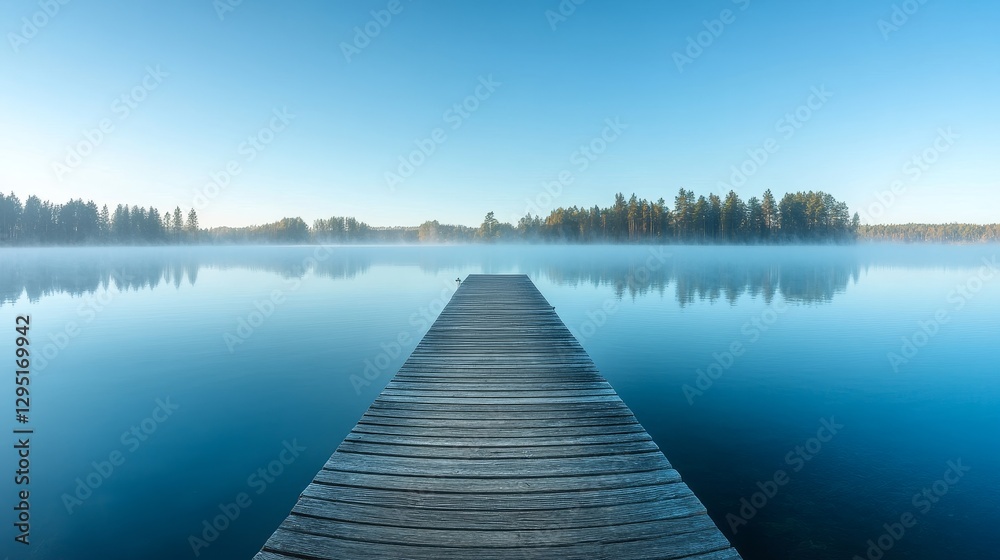 A wooden dock leading into the calm lake at sunrise A wooden dock leading into the calm lake at sunrise