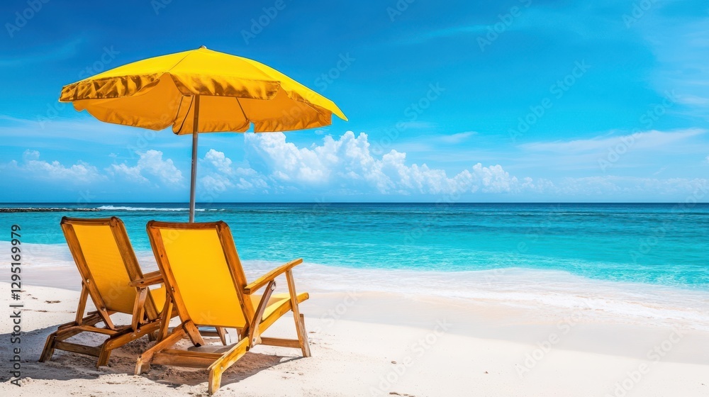 Bright yellow chairs and a large umbrella are set against a backdrop of clear blue water on a serene beach, inviting relaxation and leisure. Bright yellow chairs and a large umbrella are set against a backdrop of clear blue water on a serene beach, inviting relaxation and leisure.