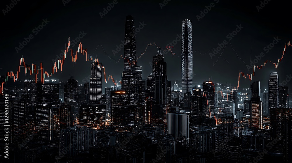 Fototapeta premium Nighttime Cityscape with Dynamic Stock Market Graph Overlay AI Generated