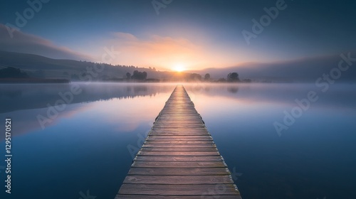 A wooden dock leading into the calm lake at sunrise