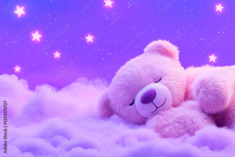 Fototapeta premium Fantasy Glowing Teddy Bear Sleeping Among Floating Stars and Dreamy Pastel Clouds