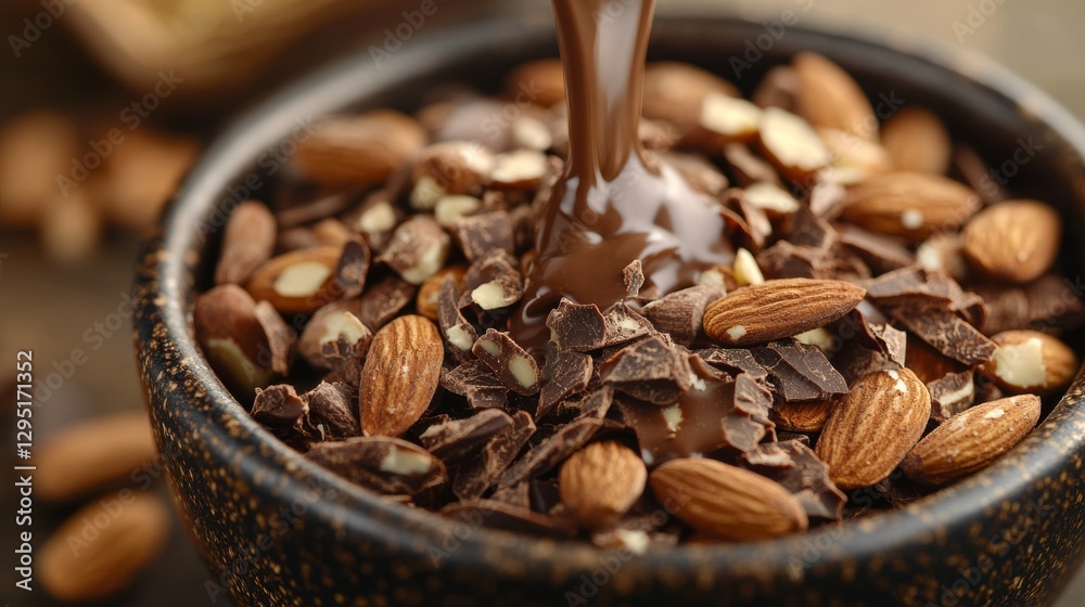 Fototapeta premium Chocolate flows luxuriously over crunchy almonds in a rustic bowl during a cozy cooking session