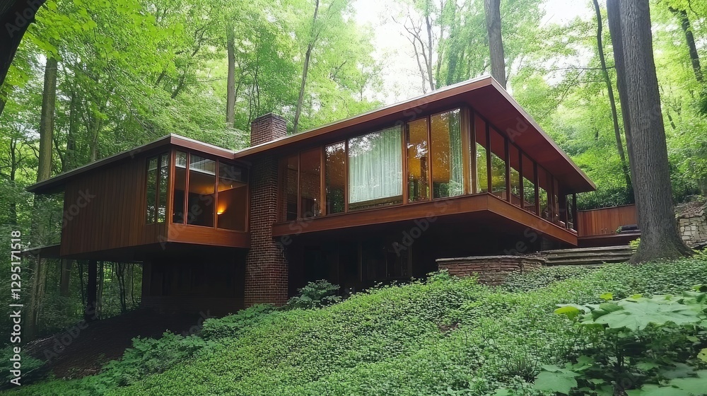 A modern home surrounded by lush, mature trees for natural shade. A modern home surrounded by lush, mature trees for natural shade.