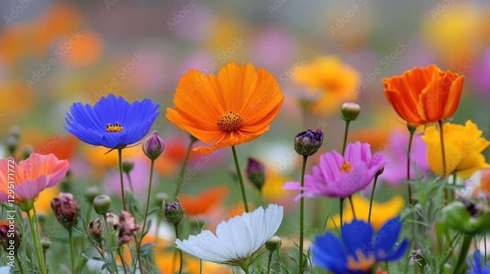 Obraz premium A vibrant field showcases an array of brightly colored flowers amidst lush green grass, accented by hues of yellow and white.