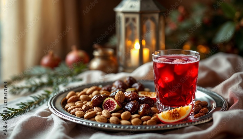Ramadan Fresh Drink with Dates and Almonds on a Silver Plate, a menu for iftar.