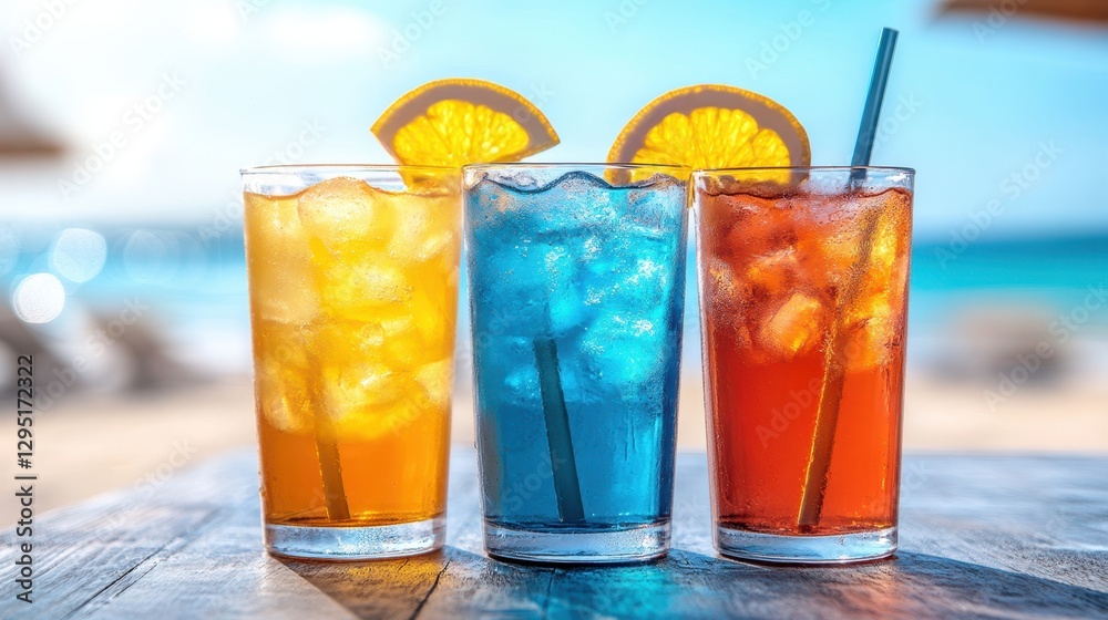 Three glasses filled with vibrant drinks showcase a colorful array of beverages on a sleek table, inviting a refreshing experience.
