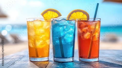Wallpaper Mural Three glasses filled with vibrant drinks showcase a colorful array of beverages on a sleek table, inviting a refreshing experience. Torontodigital.ca