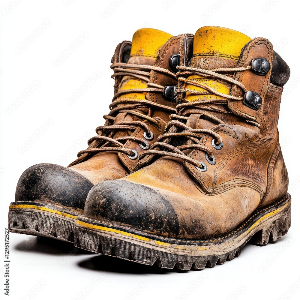 Professional image of a coal miners steel-toe boots with a seamless white background, perfect for branding, packaging, and advertising, emphasizing durability and comfort.