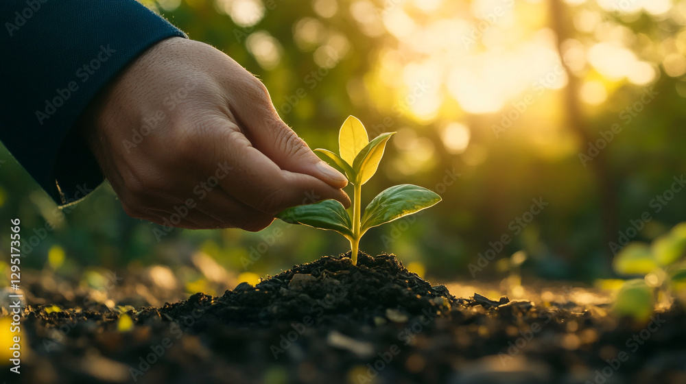 Fototapeta premium Nurturing new life in a vibrant garden at sunset, a moment of hope and growth captured in nature's embrace