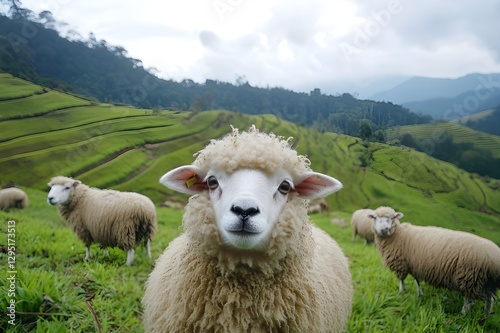 Cotton Ball Live with fluffy fur like clouds, sheep in Cameron Highlands running around, occasionally turning around with round and cute eyes