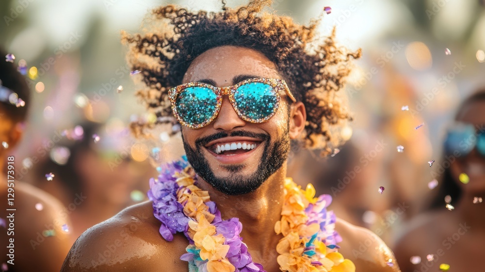 A man wearing sunglasses and a colorful lei around his neck exudes a relaxed and festive vibe, perfect for a tropical setting or celebration. A man wearing sunglasses and a colorful lei around his neck exudes a relaxed and festive vibe, perfect for a tropical setting or celebration.