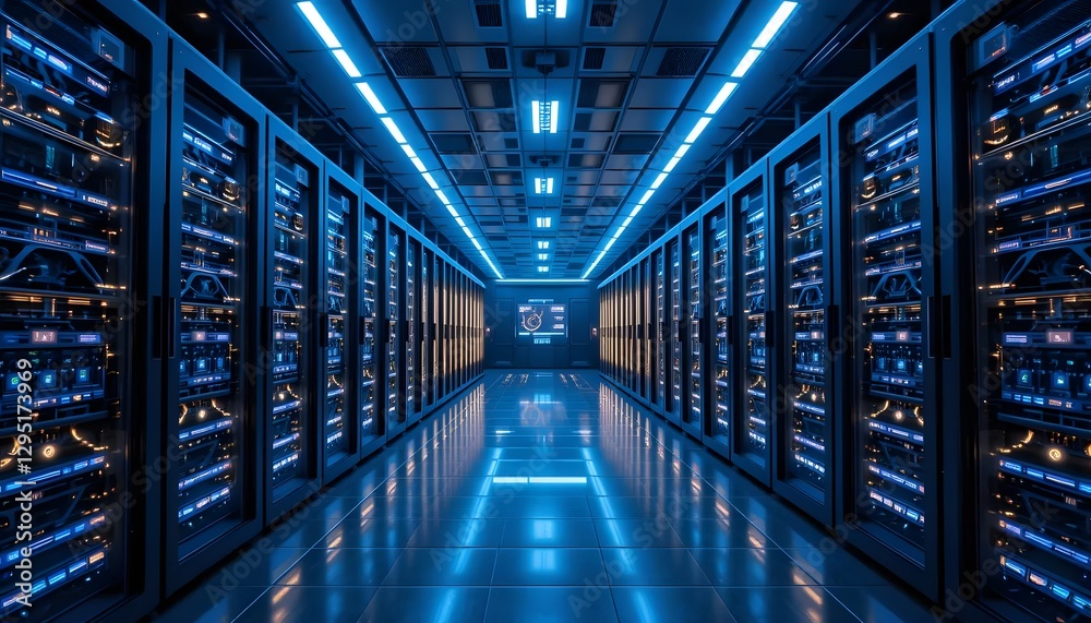 Data Center Server Room with Blue Lights and Modern Technology Data Center Server Room with Blue Lights and Modern Technology