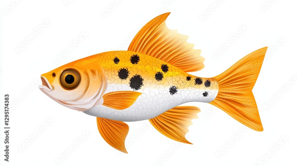 Fototapeta premium A vibrant cartoon goldfish with striking orange and black spots, ideal for educational materials, illustrations, and decorations.