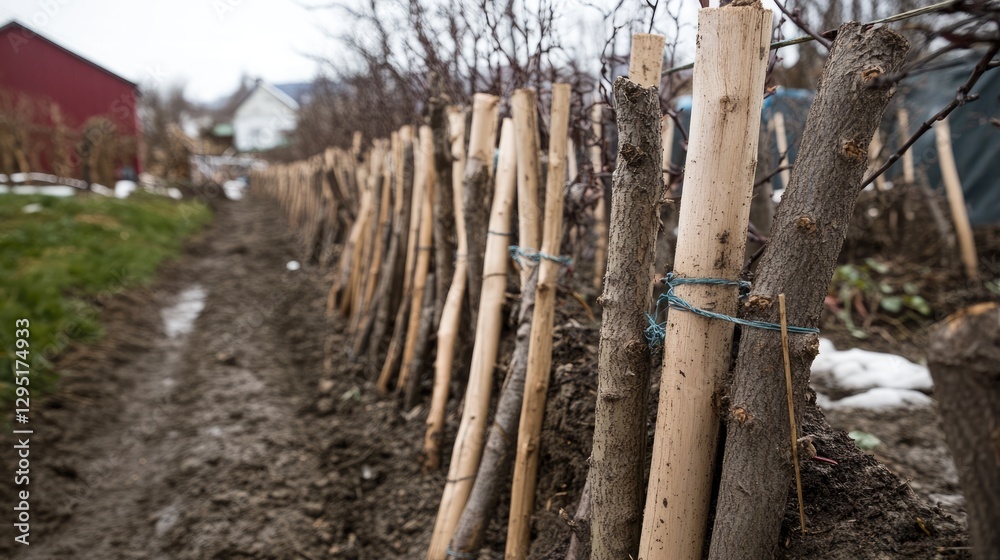 A row of transplanted trees supported by stakes and ropes for stability. A row of transplanted trees supported by stakes and ropes for stability.