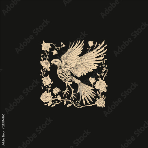 Bird skeleton with floral design vector template illustration